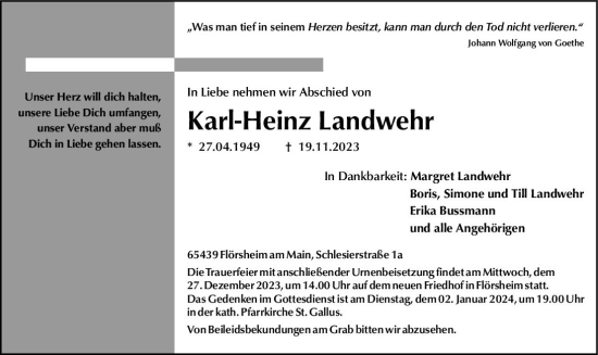 Traueranzeige von Karl-Heinz Landwehr von Rüsselsheimer Echo