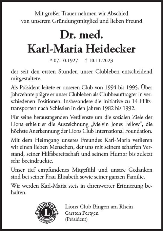 Traueranzeige von Dr. Karl-Maria Heidecker von Allgemeine Zeitung Bingen/Ingelheim