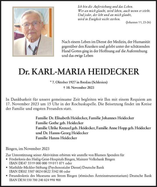 Traueranzeige von Dr. Karl-Maria Heidecker von Allgemeine Zeitung Bingen/Ingelheim