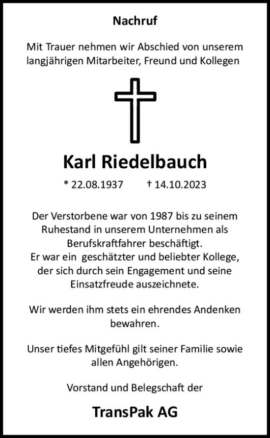Traueranzeige von Karl Riedelbauch von Wetzlarer Neue Zeitung