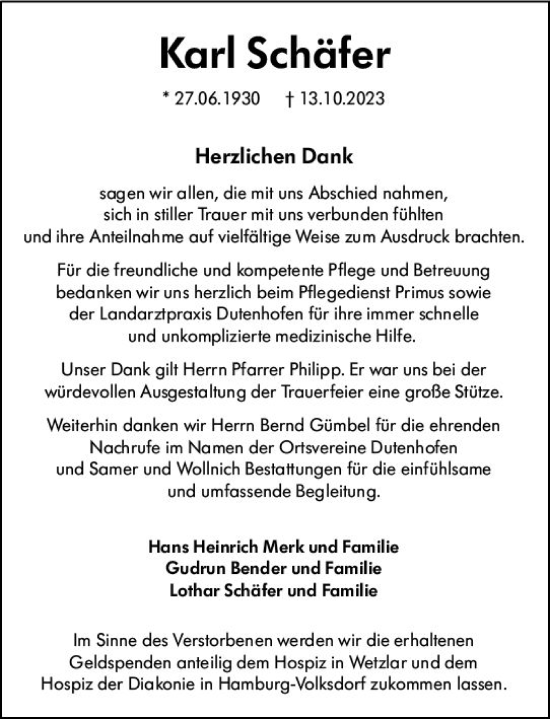 Traueranzeige von Karl Schäfer von Wetzlarer Neue Zeitung