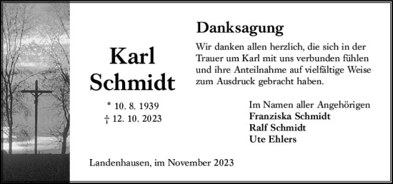 Traueranzeige von Karl Schmidt von Oberhessen Kurier
