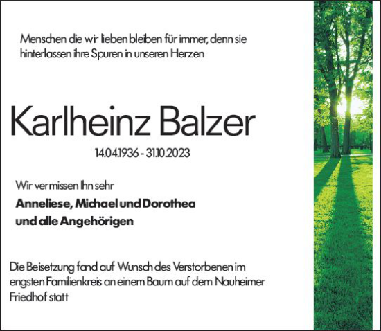 Traueranzeige von Karlheinz Balzer von Rüsselsheimer Echo