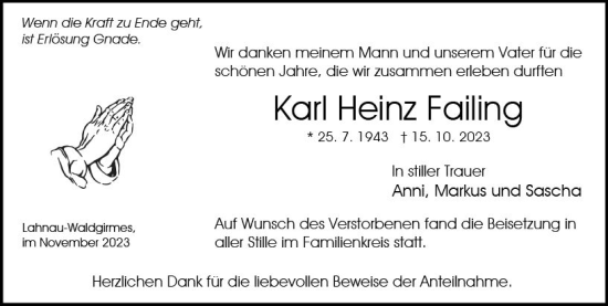 Traueranzeige von Karl Heinz Failing von Wetzlarer Neue Zeitung