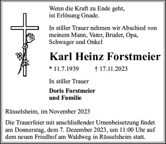 Traueranzeige von Karl Heinz Forstmeier von Rüsselsheimer Echo