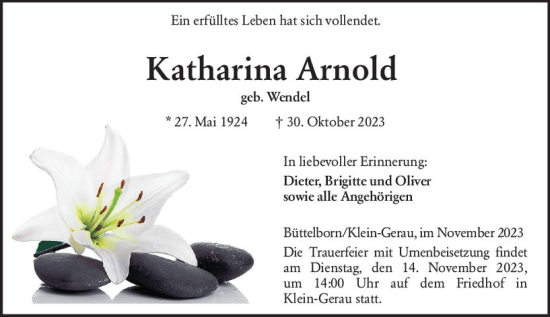 Traueranzeige von Katharina Arnold von Groß-Gerauer Echo