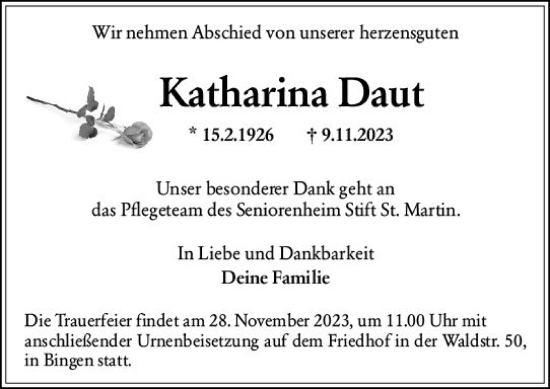Traueranzeige von Katharina Daut von Bingen/Ingelheim WOBL inkl. Neue Binger Ztg.