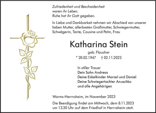 Traueranzeige von Katharina Stein von Wormser Zeitung
