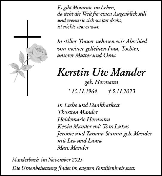 Traueranzeige von Kerstin Ute Mander von Dill Block