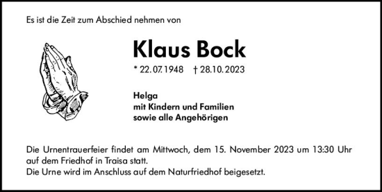Traueranzeige von Klaus Bock von Darmstädter Echo