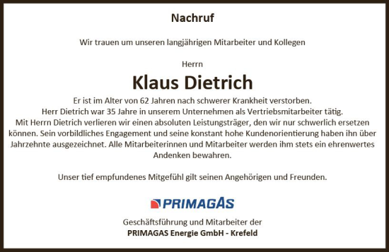 Traueranzeige von Klaus Dietrich von Allgemeine Zeitung Bingen/Ingelheim