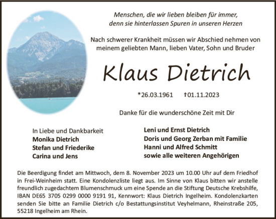 Traueranzeige von Klaus Dietrich von Allgemeine Zeitung Bingen/Ingelheim