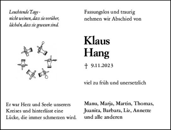 Traueranzeige von Klaus Hang von Allgemeine Zeitung Mainz