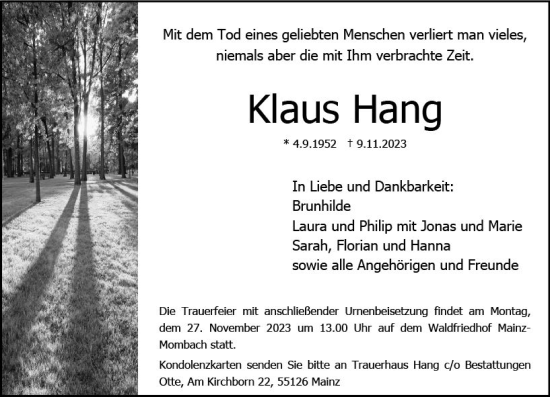 Traueranzeige von Klaus Hang von Allgemeine Zeitung Mainz