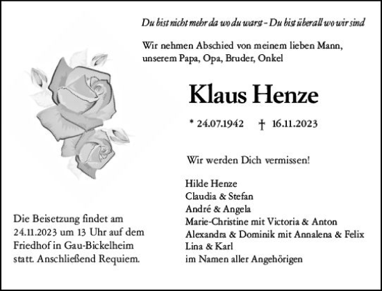 Traueranzeige von Klaus Henze von Allgemeine Zeitung Mainz