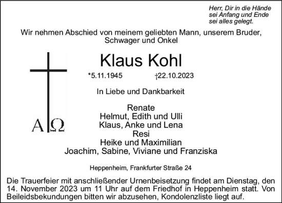 Traueranzeige von Klaus Kohl von Starkenburger Echo