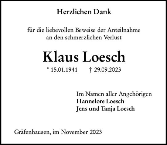 Traueranzeige von Klaus Loesch von Darmstädter Echo