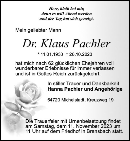 Traueranzeige von Klaus Pachler von Odenwälder Echo