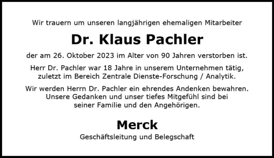 Traueranzeige von Klaus Pachler von Darmstädter Echo
