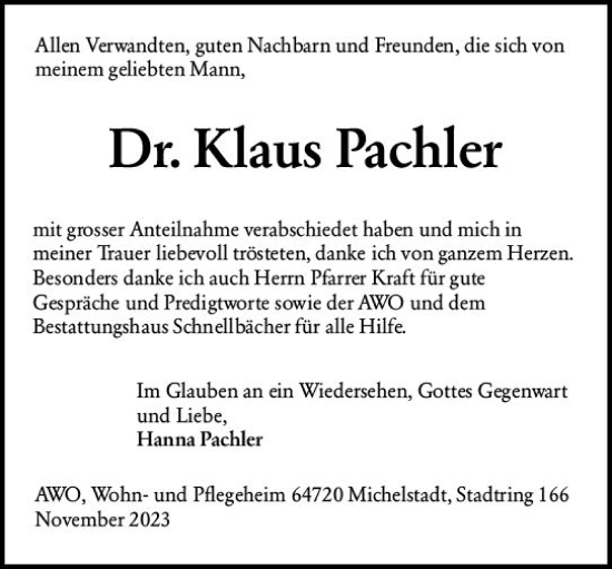 Traueranzeige von Klaus Pachler von Odenwälder Echo
