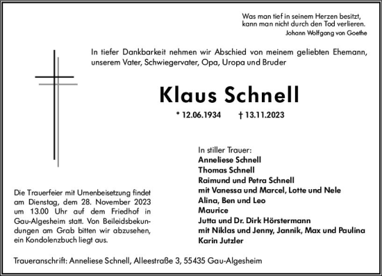 Traueranzeige von Klaus Schnell von Allgemeine Zeitung Bingen/Ingelheim