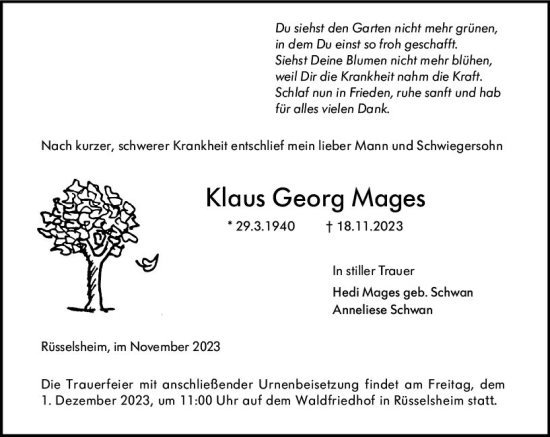 Traueranzeige von Klaus Georg Mages von Rüsselsheimer Echo