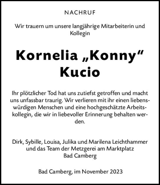 Traueranzeige von Kornelia Kucio von Camberger Anzeiger