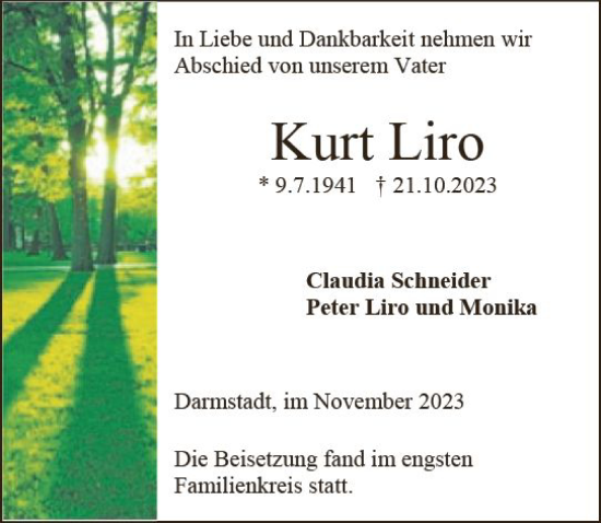 Traueranzeige von Kurt Liro von Groß-Gerauer Echo