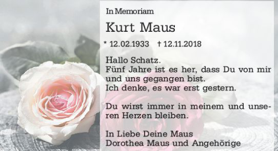 Traueranzeige von Kurt Maus von Wiesbadener Kurier