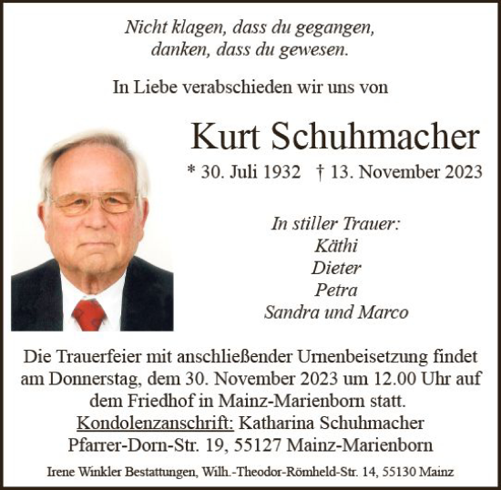 Traueranzeige von Kurt Schuhmacher von Allgemeine Zeitung Mainz