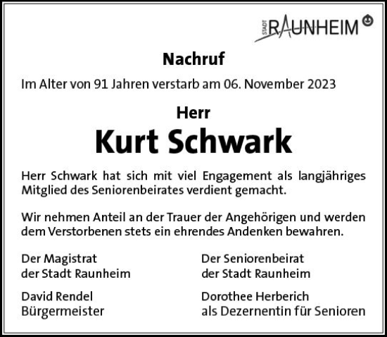 Traueranzeige von Kurt Schwark von Rüsselsheimer Echo