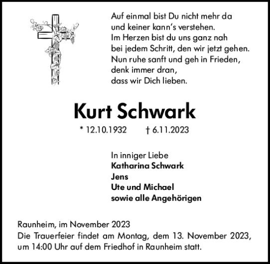 Traueranzeige von Kurt Schwark von Rüsselsheimer Echo