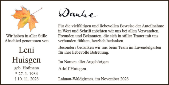 Traueranzeige von Leni Huisgen von Wetzlarer Neue Zeitung
