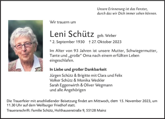 Traueranzeige von Leni Schütz von Weilburger Tageblatt