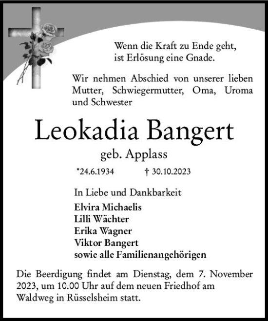 Traueranzeige von Leokadia Bangert von Rüsselsheimer Echo