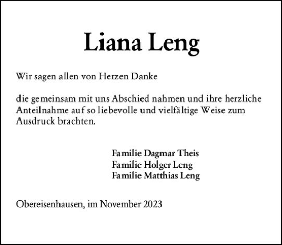Traueranzeige von Liana Leng von Hinterländer Anzeiger
