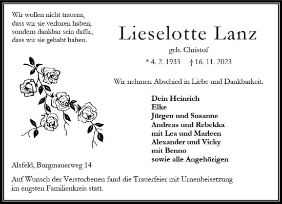 Traueranzeige von Lieselotte Lanz von Oberhessen Kurier