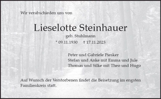 Traueranzeige von Lieselotte Steinhauer von Wiesbadener Kurier