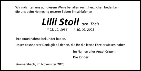 Traueranzeige von Lilli Stoll von Dill Block