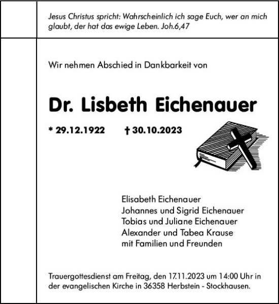 Traueranzeige von Lisbeth Eichenauer von Rüsselsheimer Echo