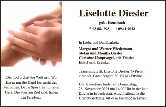 Traueranzeige von Liselotte Diesler von Rheingau Kurier