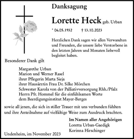 Traueranzeige von Lorette Heck von Allgemeine Zeitung Alzey