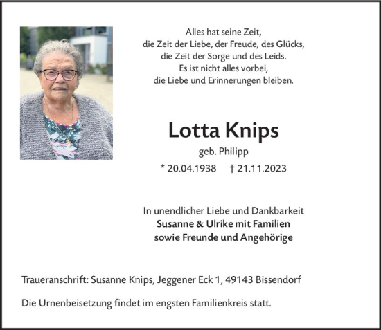 Traueranzeige von Lotta Knips von Allgemeine Zeitung Mainz