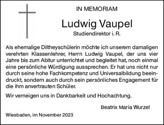 Traueranzeige von Ludwig Vaupel von Wiesbadener Kurier