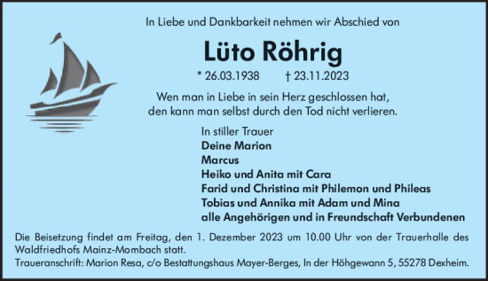 Traueranzeige von Lüto Röhrig von Wiesbadener Kurier