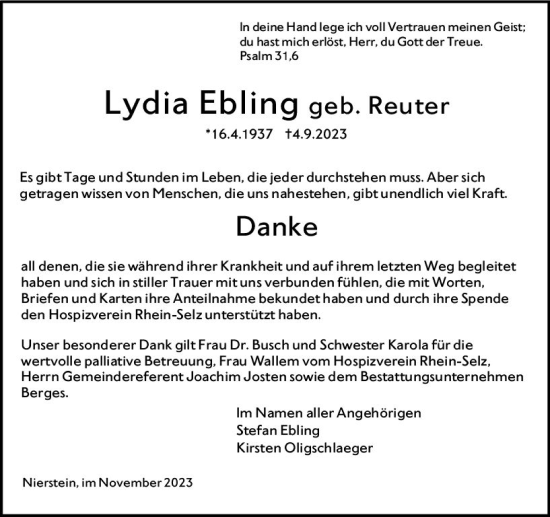Traueranzeige von Lydia Ebling von Allgemeine Zeitung Mainz
