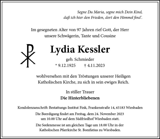 Traueranzeige von Lydia Kessler von Wiesbadener Kurier