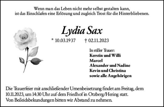 Traueranzeige von Lydia Sax von Darmstädter Echo
