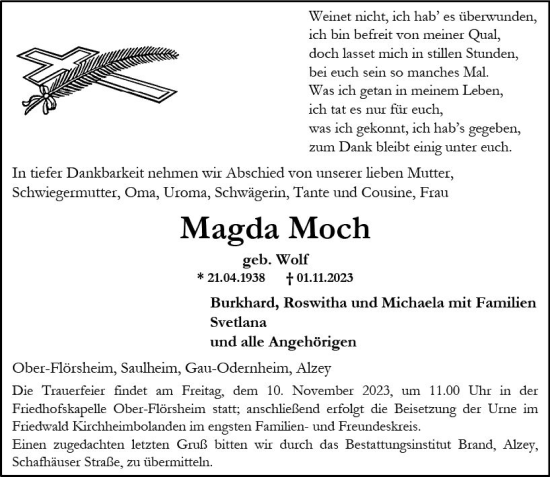 Traueranzeige von Magda Moch von Allgemeine Zeitung Alzey