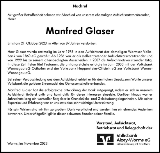 Traueranzeige von Manfred Glaser von Wormser Zeitung
